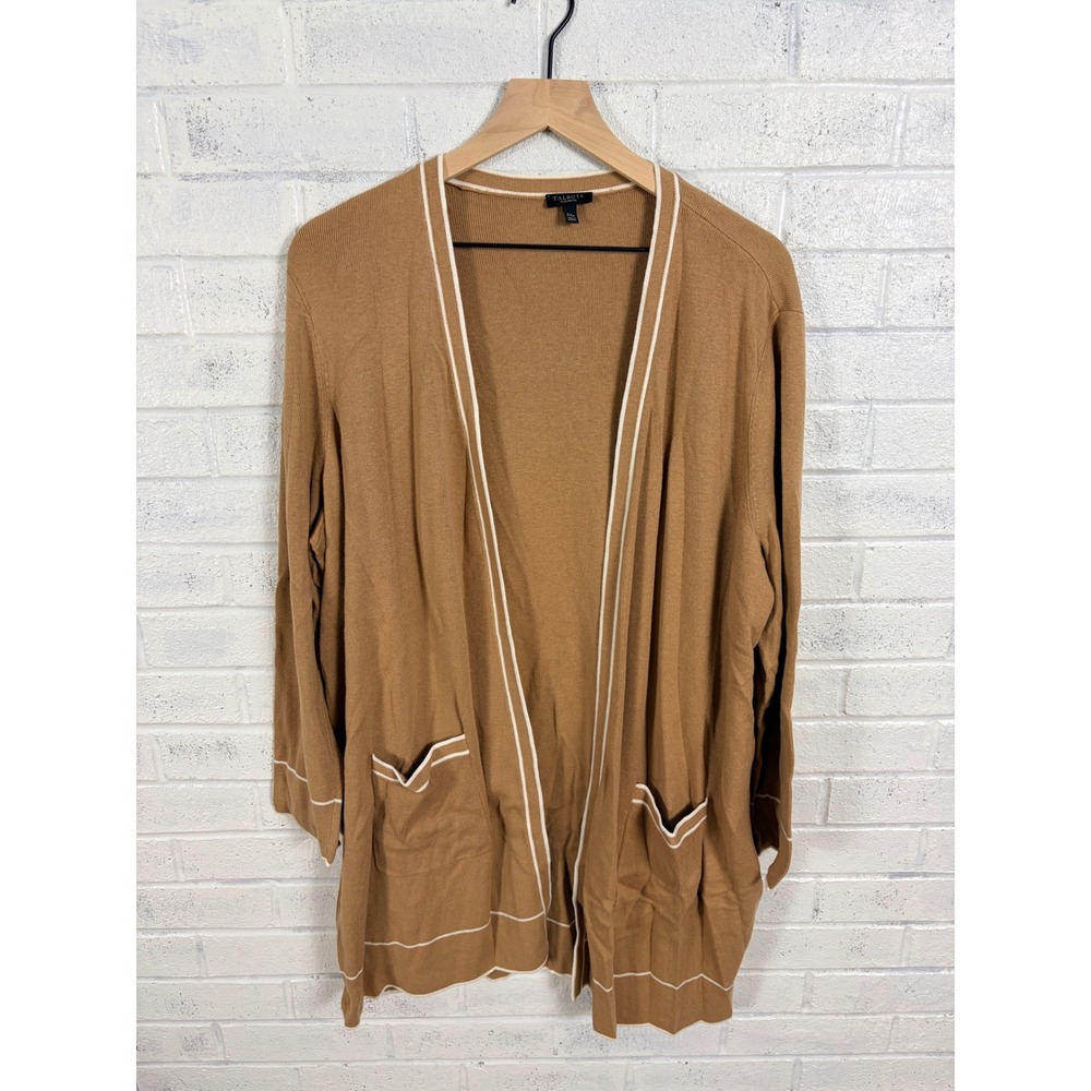 Talbots Open Front Cardigan Womens 3XP Brown White Trim Knit Pocket Stretch